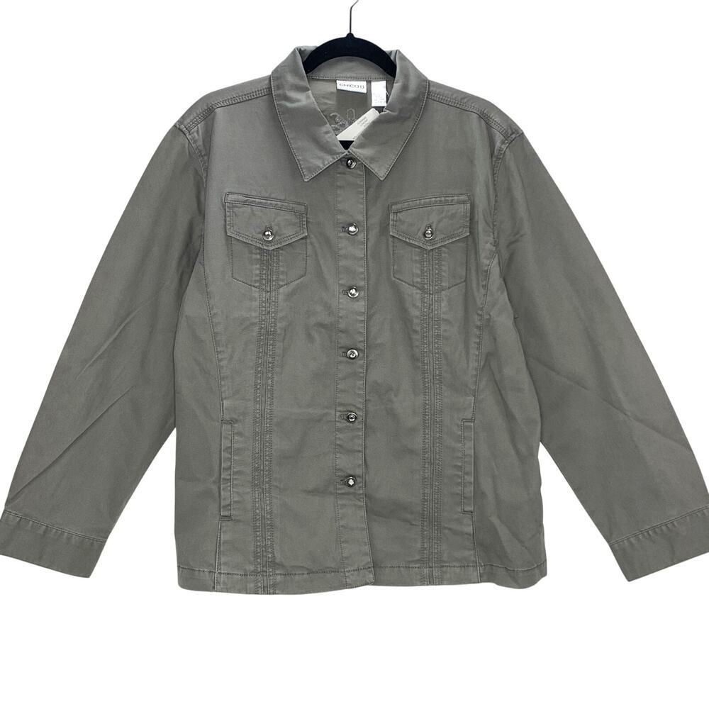 CHICO'S Chelsea Cotton Pacie Jacket 3 US 16/XL Grey Button Up Embroidered NWT